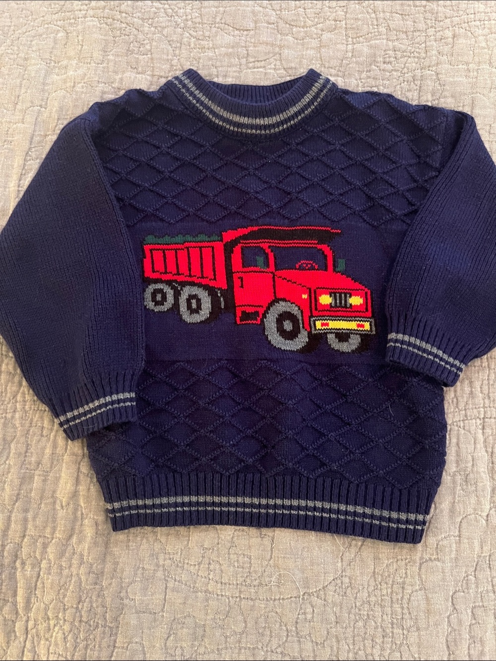 Kids Navy Sweater with Red Dump Truck Design Vintage